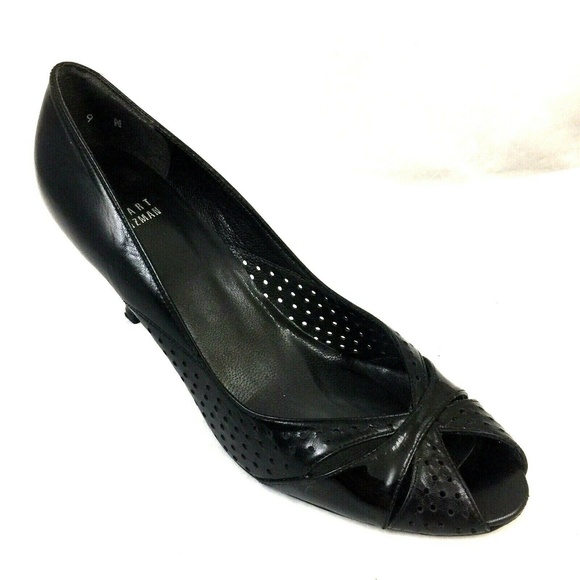 Stuart Weitzman Pump Black Perforated Leather Peep - Picture 1 of 8